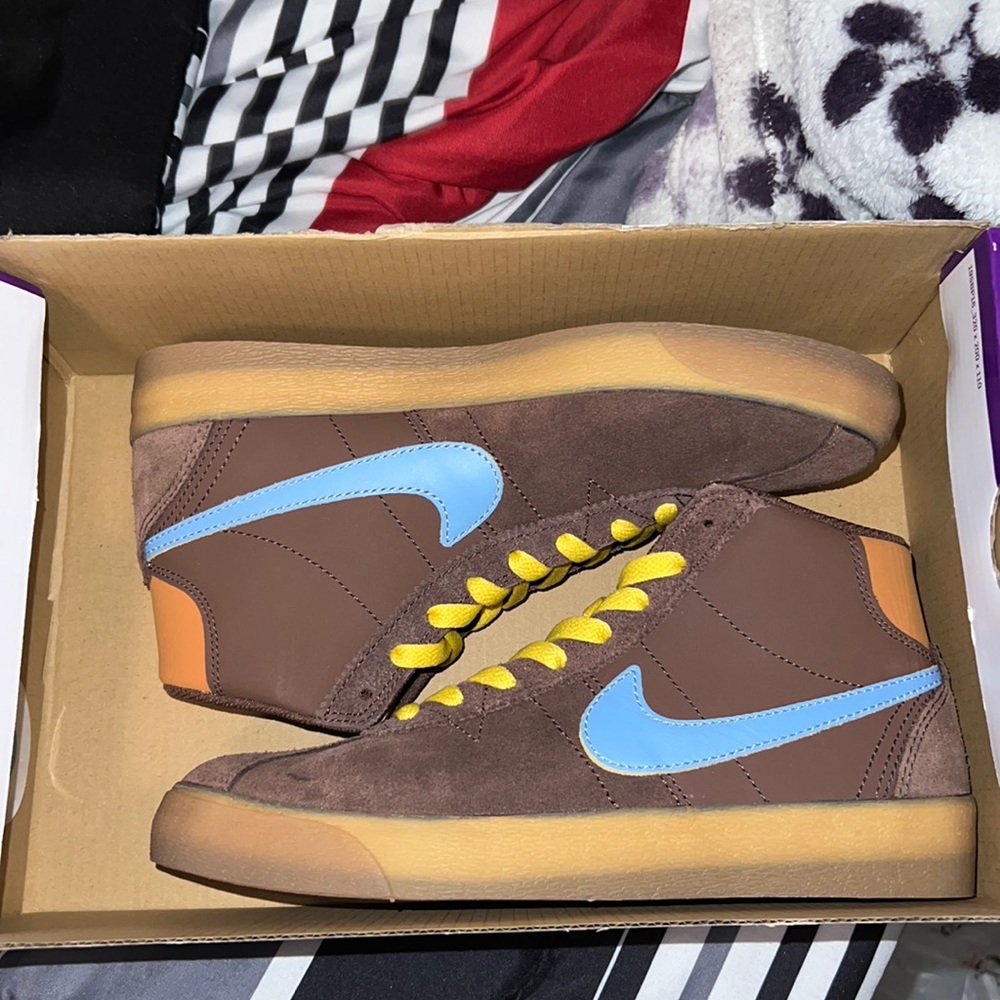 Nike Brown Suede High-Top Sneakers with Light Blue Swoosh and Yellow Laces